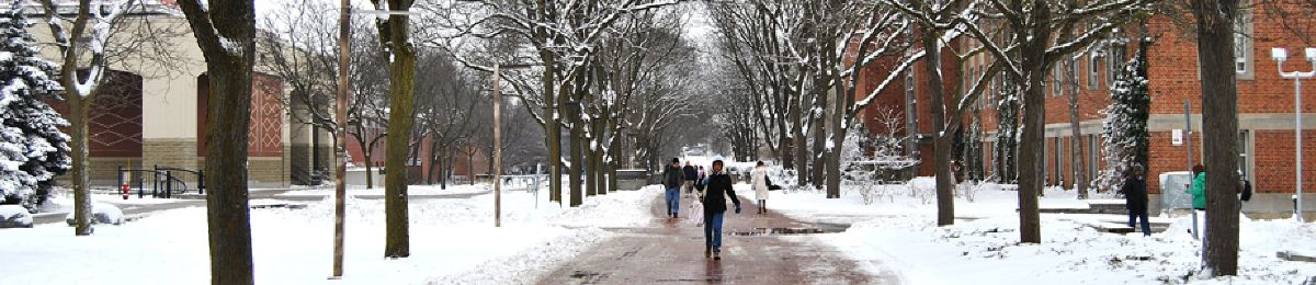 Students walking down  a campus path in winter.