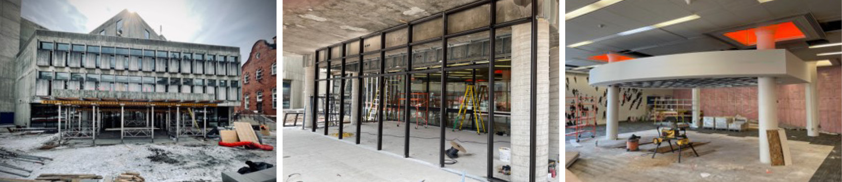 Three photos showing the new library entrance under construction.