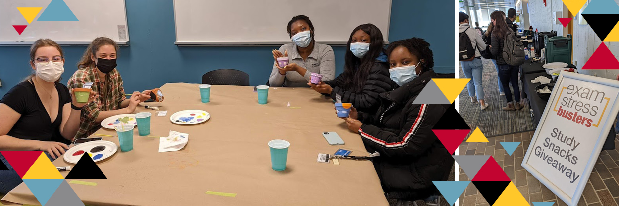Five students at the Plant Pot Painting event hold up their decorated pots. A sign reads Exam Stress Busters Study Snacks Giveaway, behind which students get snacks from a table.