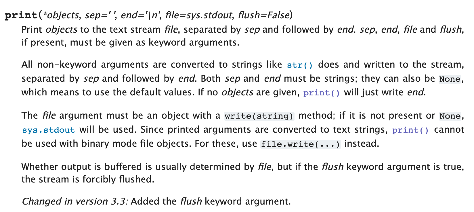 Documentation for the print function