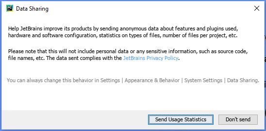 PyCharm data sharing configuration window