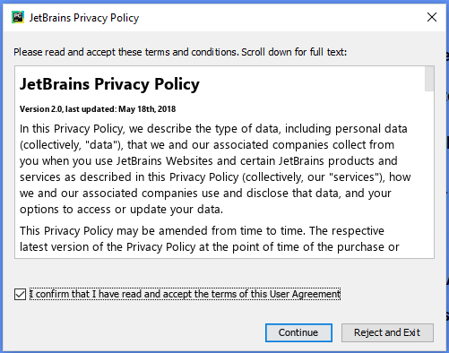 PyCharm EULA window