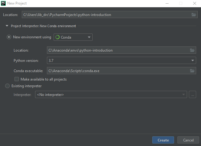 Creating a new Conda environment in PyCharm