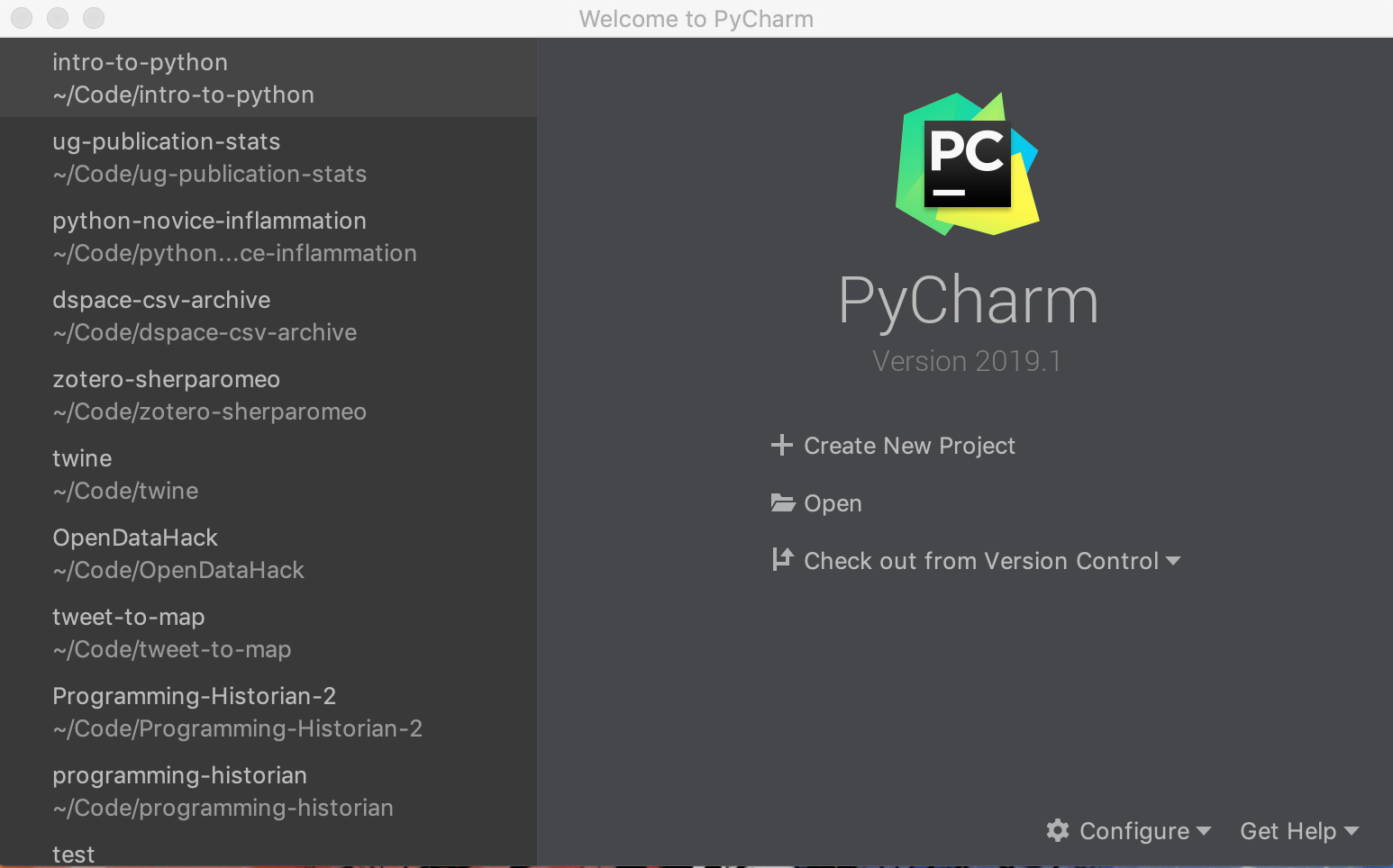 PyCharm startup window