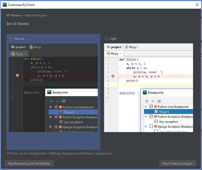 PyCharm customization window